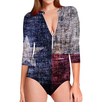 Grunge Texas Flag Print Long Sleeve Swimsuit