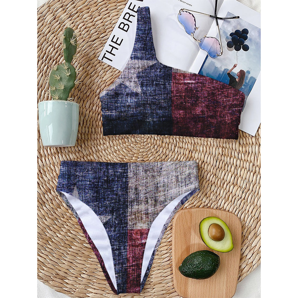Grunge Texas Flag Print One Shoulder Bikini Top