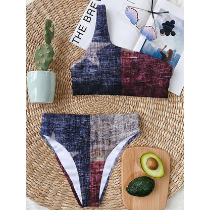 Grunge Texas Flag Print One Shoulder Bikini Top