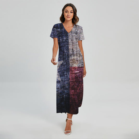 Grunge Texas Flag Print Short Sleeve Maxi Dress