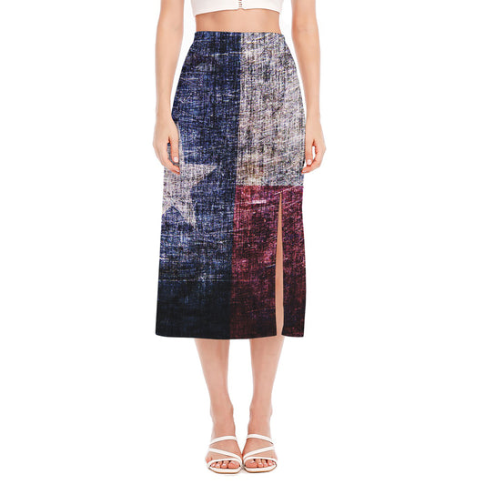 Grunge Texas Flag Print Side Slit Midi Skirt
