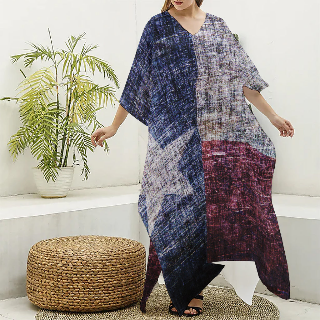 Grunge Texas Flag Print Silk V-Neck Kaftan Dress