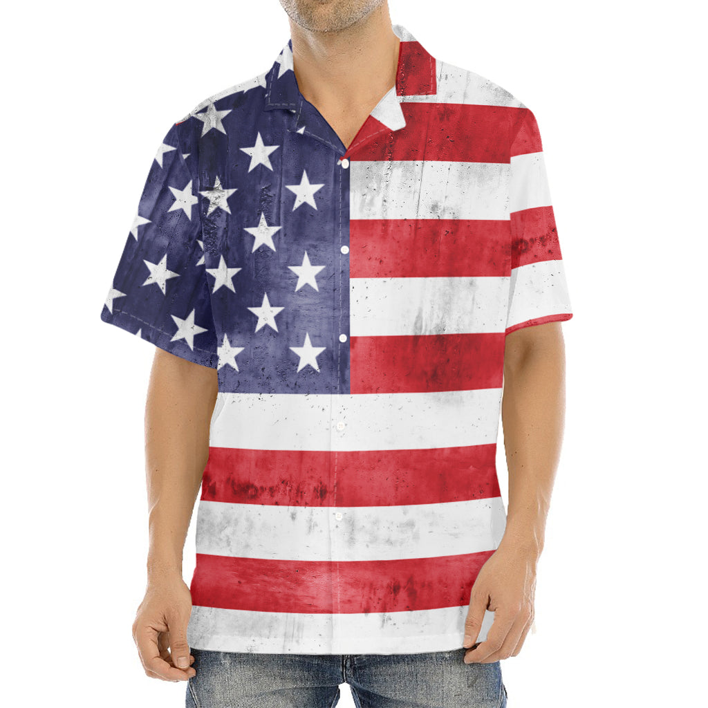 Grunge USA Flag Print Aloha Shirt