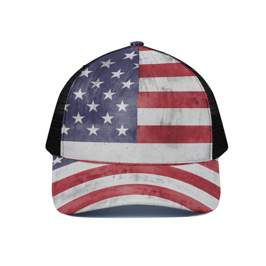 Grunge USA Flag Print Black Mesh Trucker Cap
