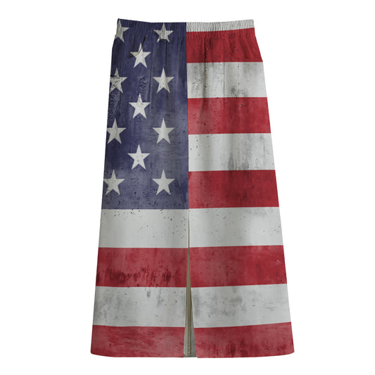 Grunge USA Flag Print Cotton Front Slit Maxi Skirt