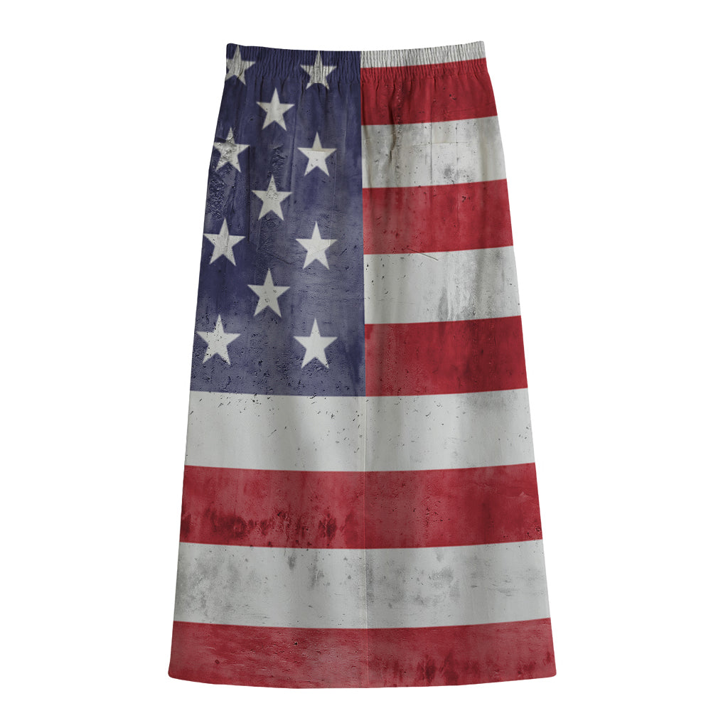 Grunge USA Flag Print Cotton Front Slit Maxi Skirt