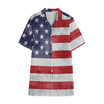 Grunge USA Flag Print Cotton Hawaiian Shirt