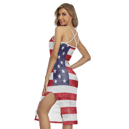 Grunge USA Flag Print Cross Back Cami Dress