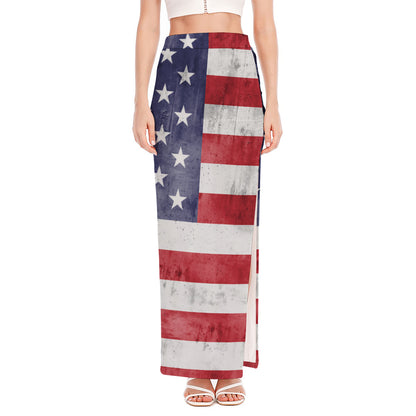 Grunge USA Flag Print High Slit Maxi Skirt