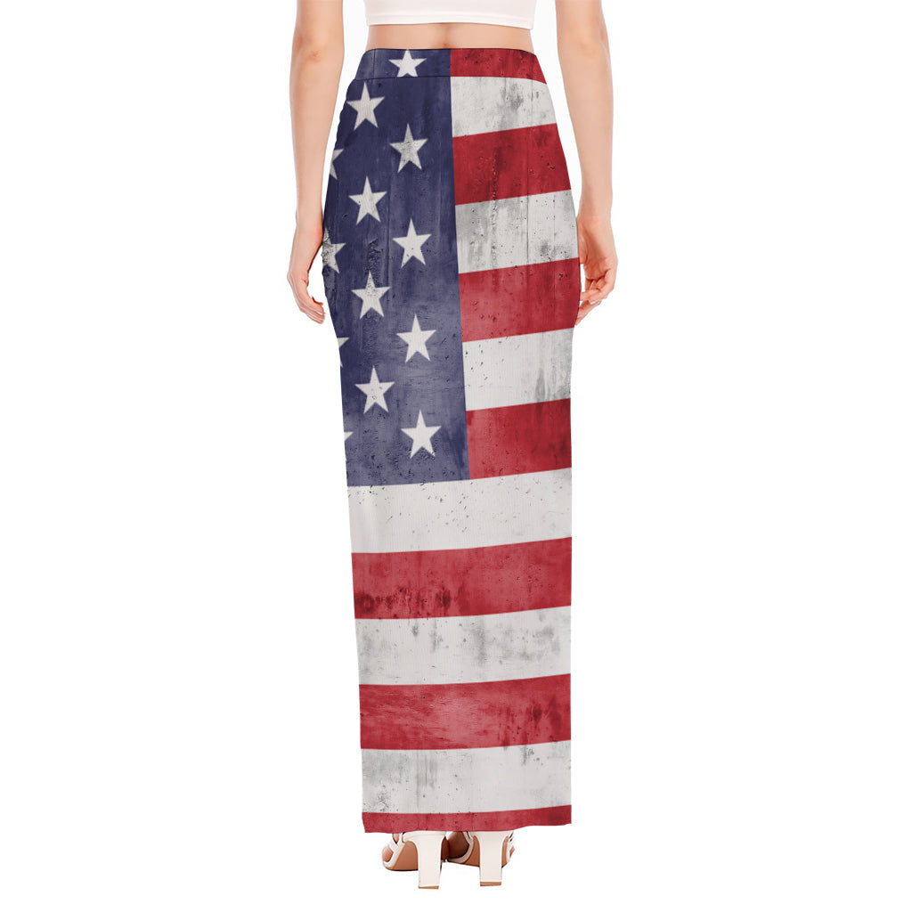 Grunge USA Flag Print High Slit Maxi Skirt