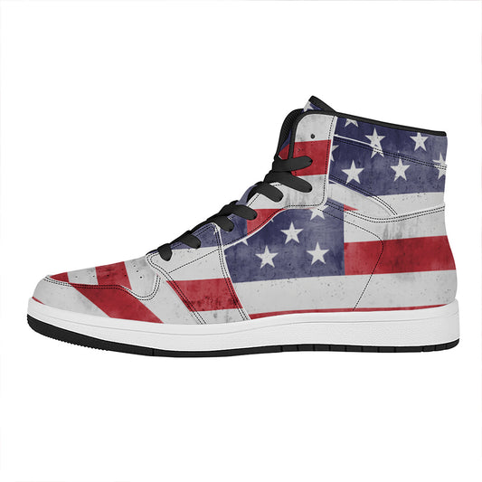 Grunge USA Flag Print High Top Leather Sneakers