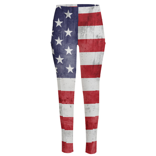 Grunge USA Flag Print High-Waisted Pocket Leggings