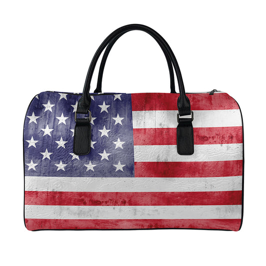 Grunge USA Flag Print Leather Duffle Bag