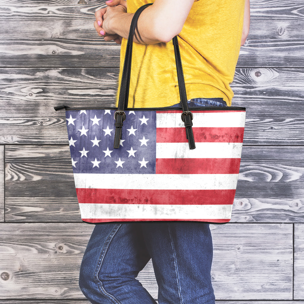 Grunge USA Flag Print Leather Tote Bag
