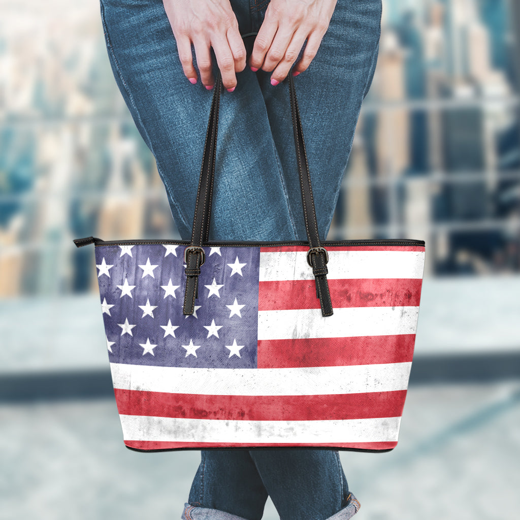 Grunge USA Flag Print Leather Tote Bag