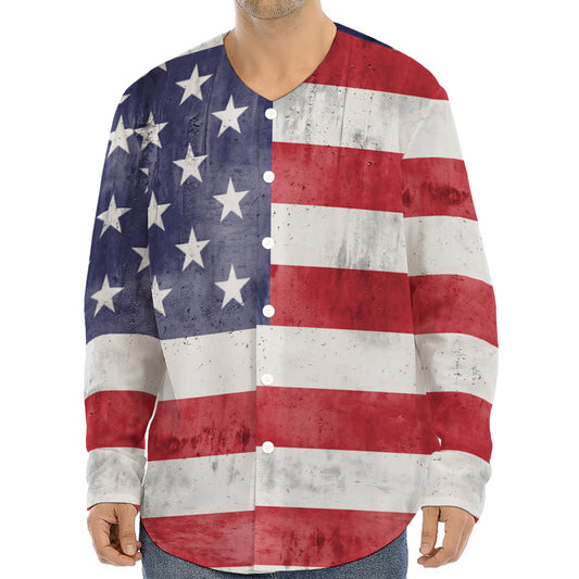Grunge USA Flag Print Long Sleeve Baseball Jersey