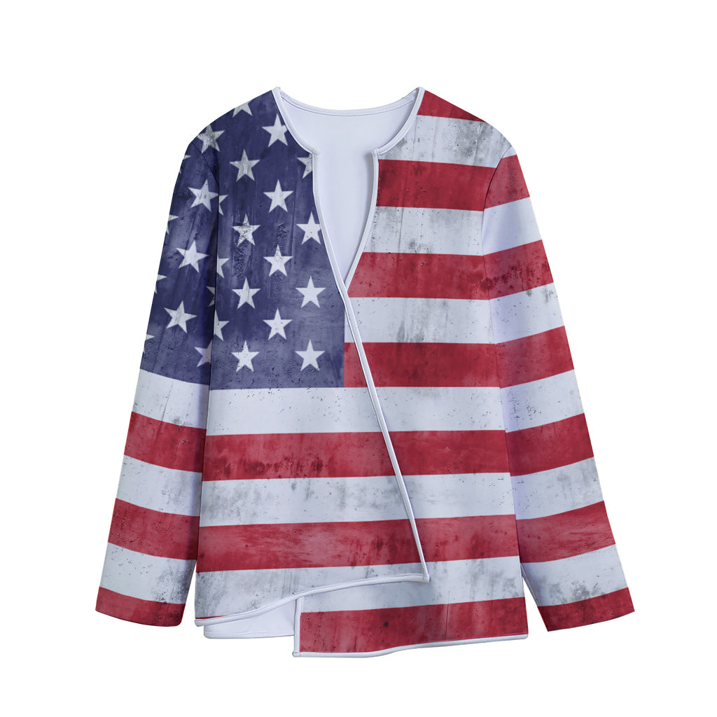Grunge USA Flag Print Long Sleeve Short Coat