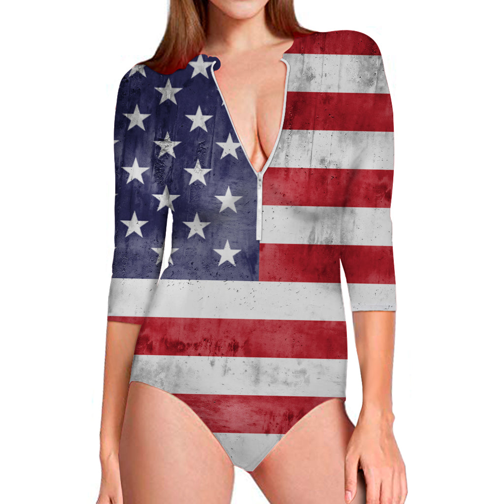 Grunge USA Flag Print Long Sleeve Swimsuit