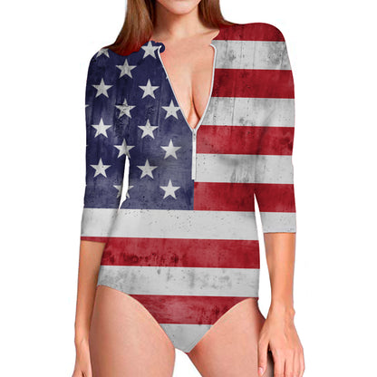 Grunge USA Flag Print Long Sleeve Swimsuit