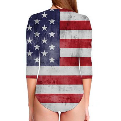 Grunge USA Flag Print Long Sleeve Swimsuit