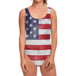 Grunge USA Flag Print One Piece Swimsuit