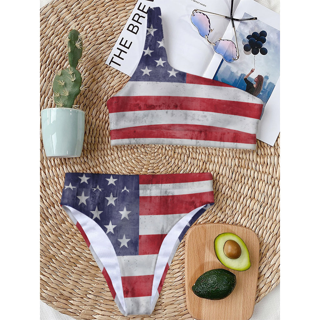 Grunge USA Flag Print One Shoulder Bikini Top