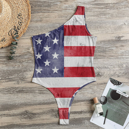 Grunge USA Flag Print One Shoulder Bodysuit