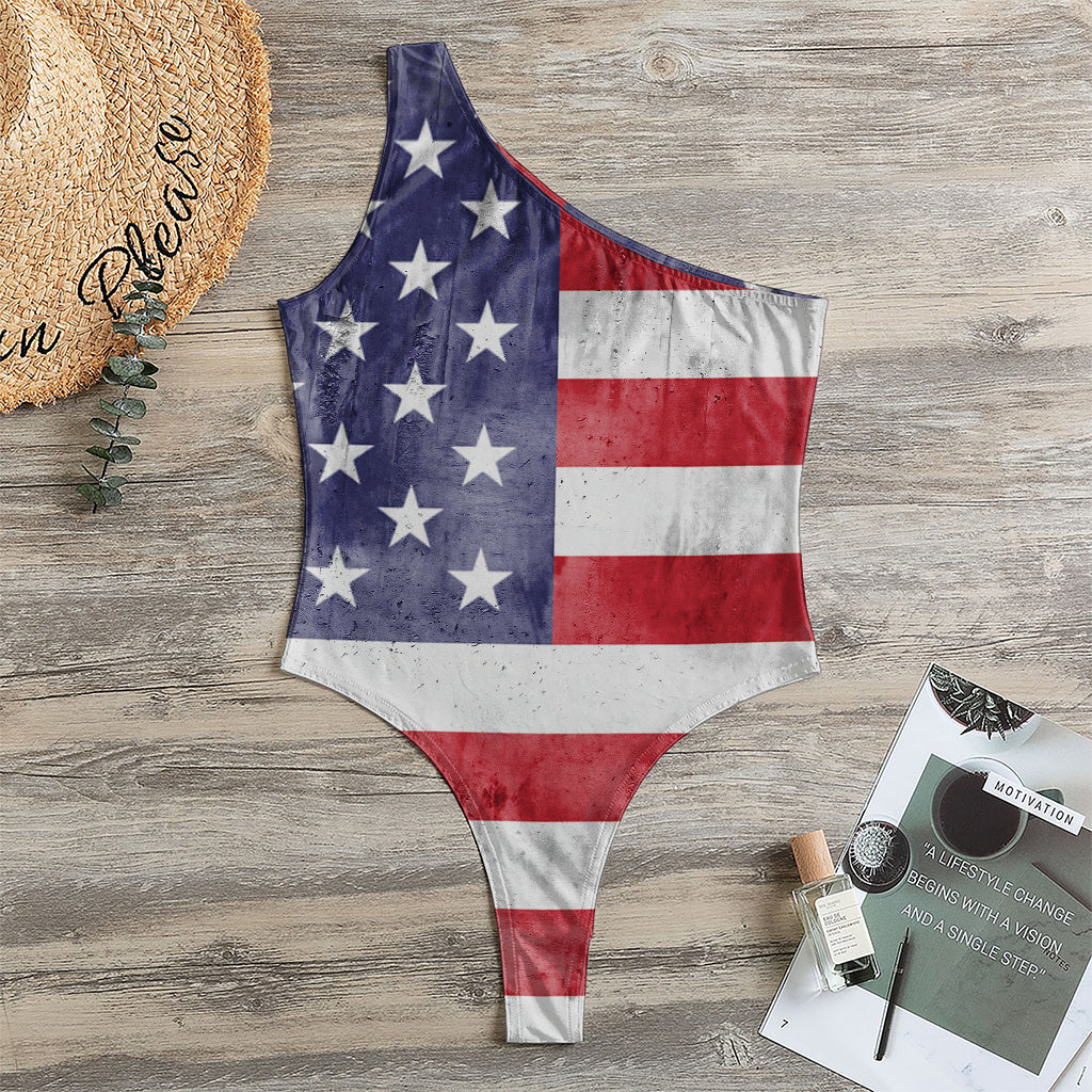 Grunge USA Flag Print One Shoulder Bodysuit