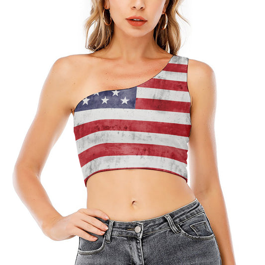 Grunge USA Flag Print One Shoulder Crop Top