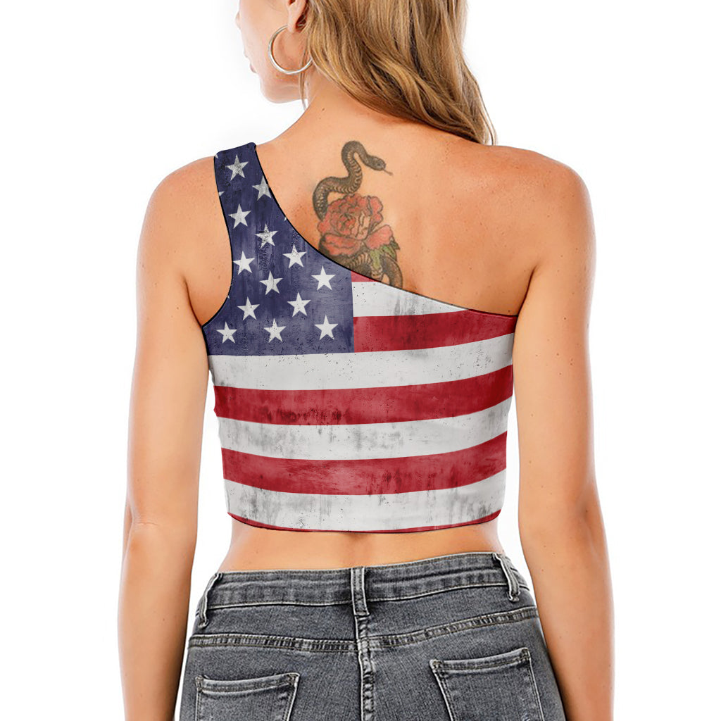Grunge USA Flag Print One Shoulder Crop Top