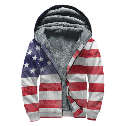 Grunge USA Flag Print Sherpa Lined Zip Up Hoodie