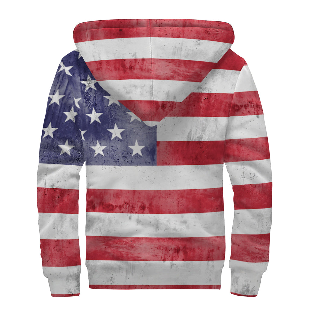 Grunge USA Flag Print Sherpa Lined Zip Up Hoodie