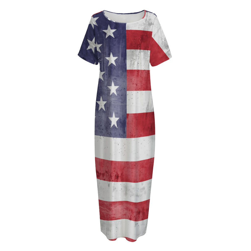 Grunge USA Flag Print Short Sleeve Long Nightdress