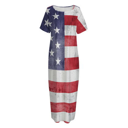 Grunge USA Flag Print Short Sleeve Long Nightdress