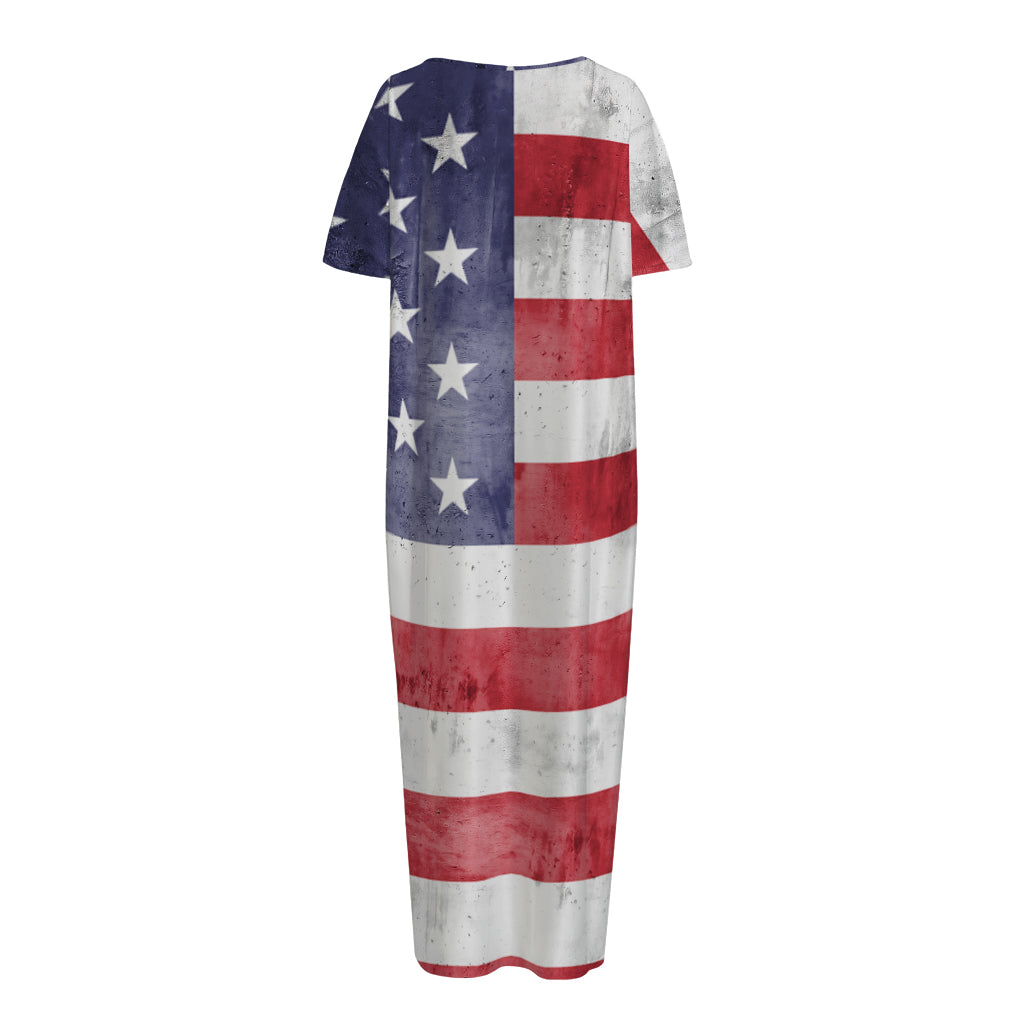 Grunge USA Flag Print Short Sleeve Long Nightdress