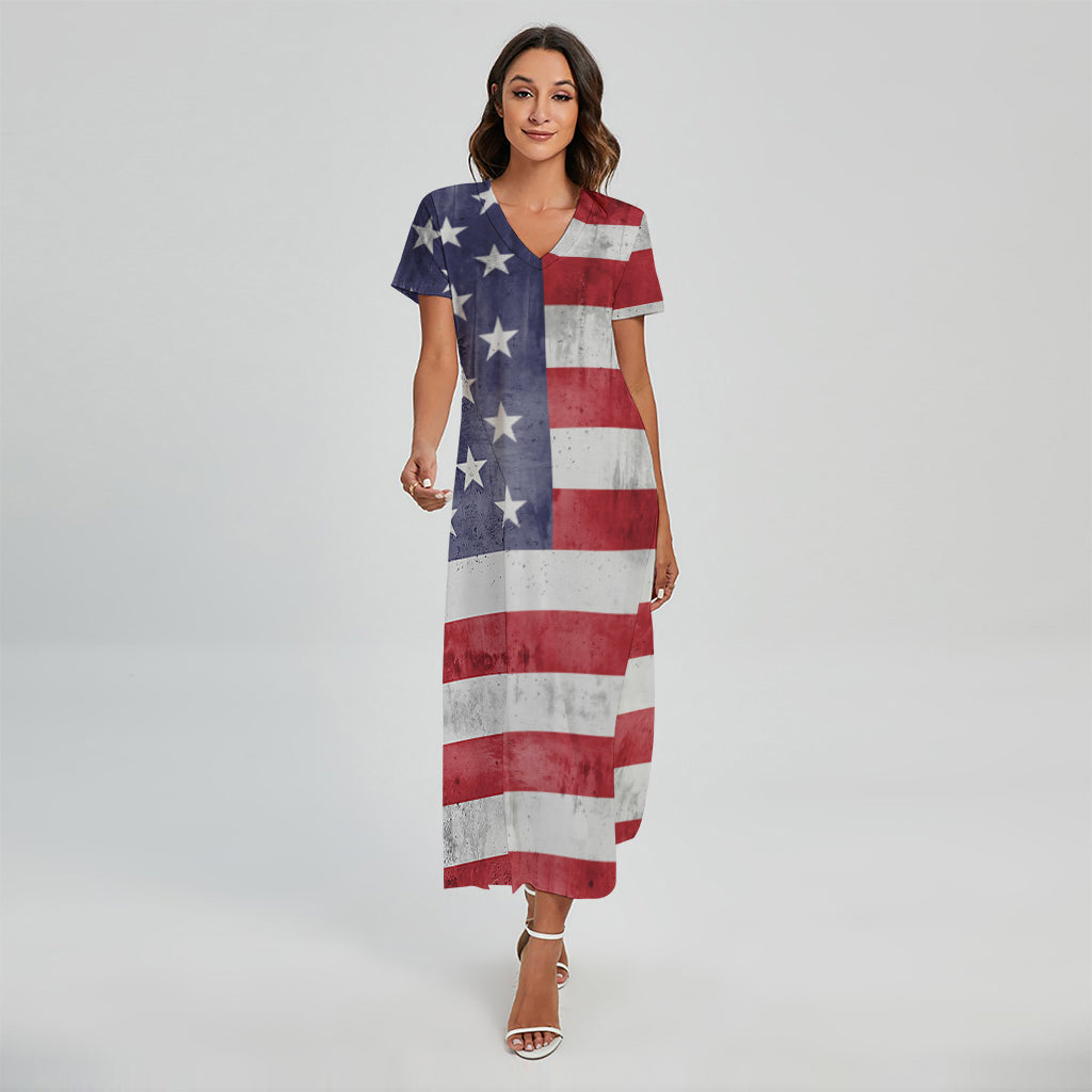 Grunge USA Flag Print Short Sleeve Maxi Dress