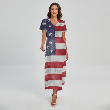 Grunge USA Flag Print Short Sleeve Maxi Dress