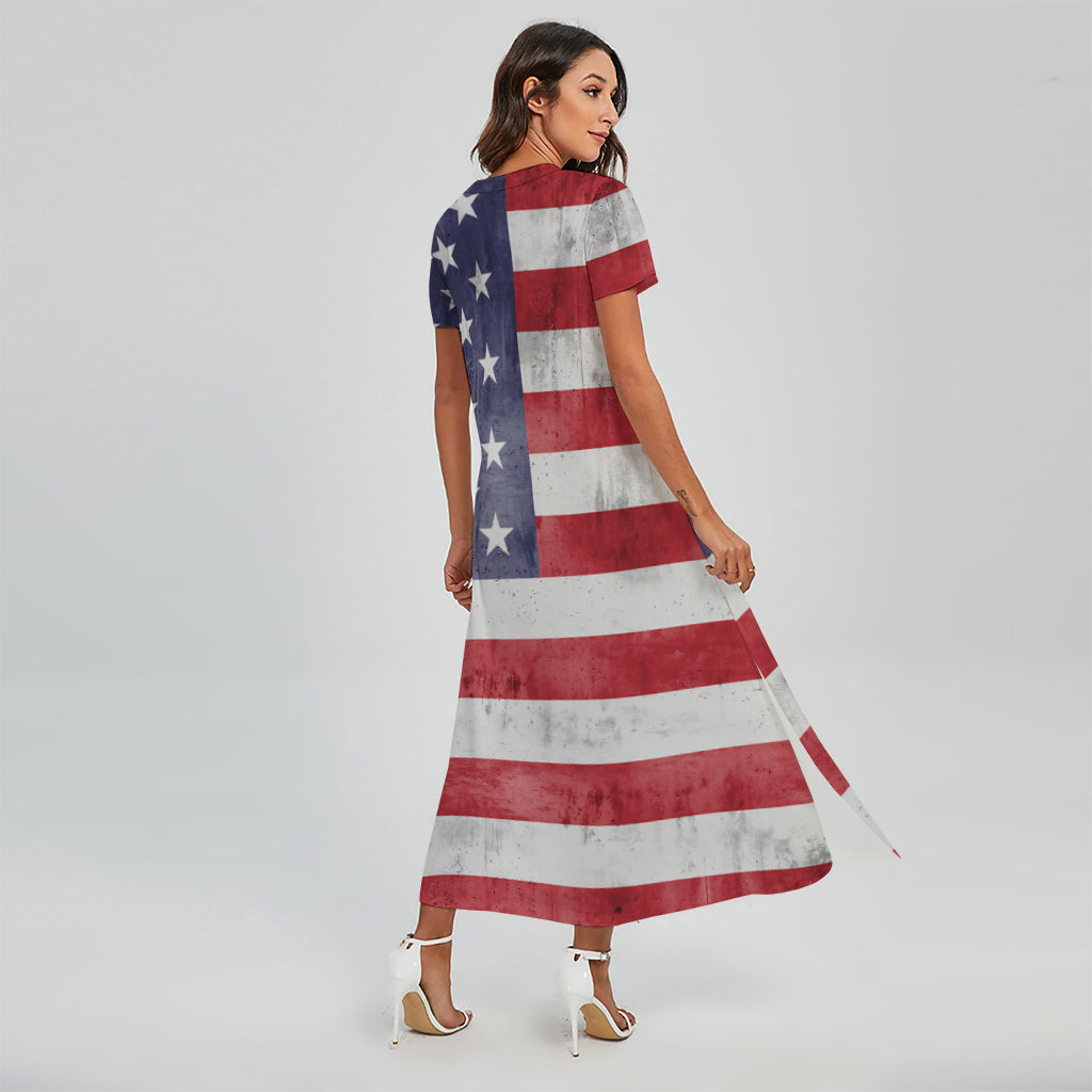 Grunge USA Flag Print Short Sleeve Maxi Dress