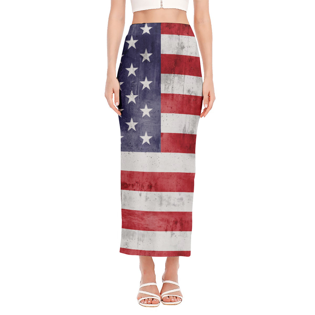 Grunge USA Flag Print Side Slit Maxi Skirt