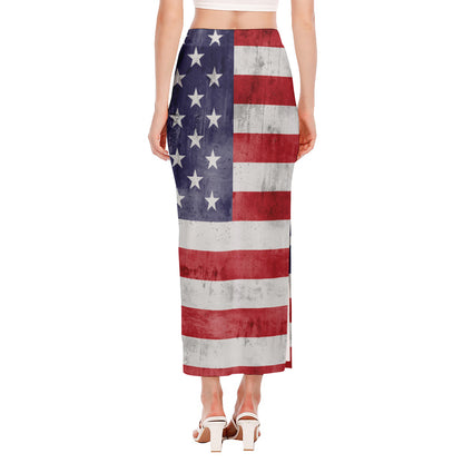 Grunge USA Flag Print Side Slit Maxi Skirt