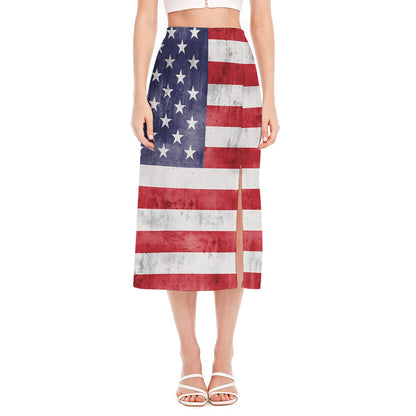Grunge USA Flag Print Side Slit Midi Skirt