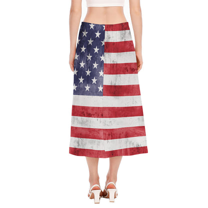 Grunge USA Flag Print Side Slit Midi Skirt
