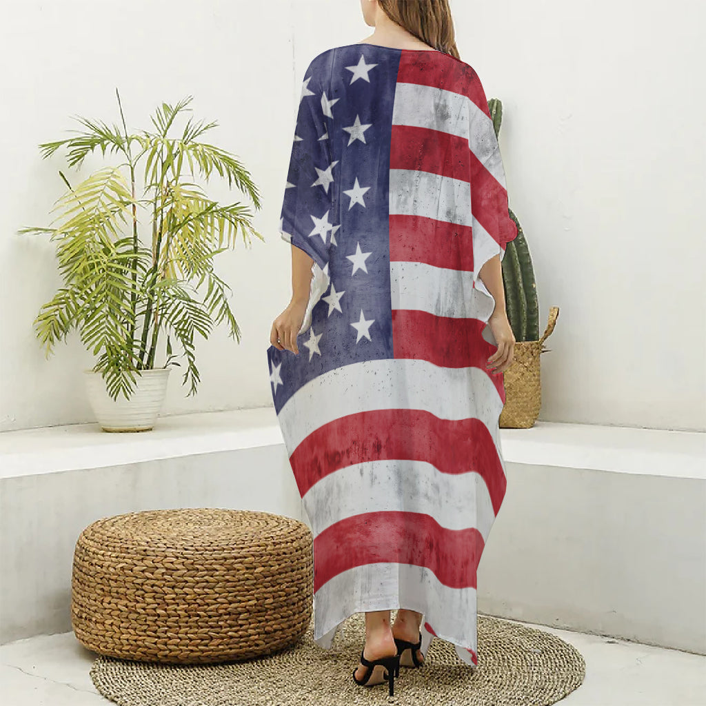 Grunge USA Flag Print Silk V-Neck Kaftan Dress
