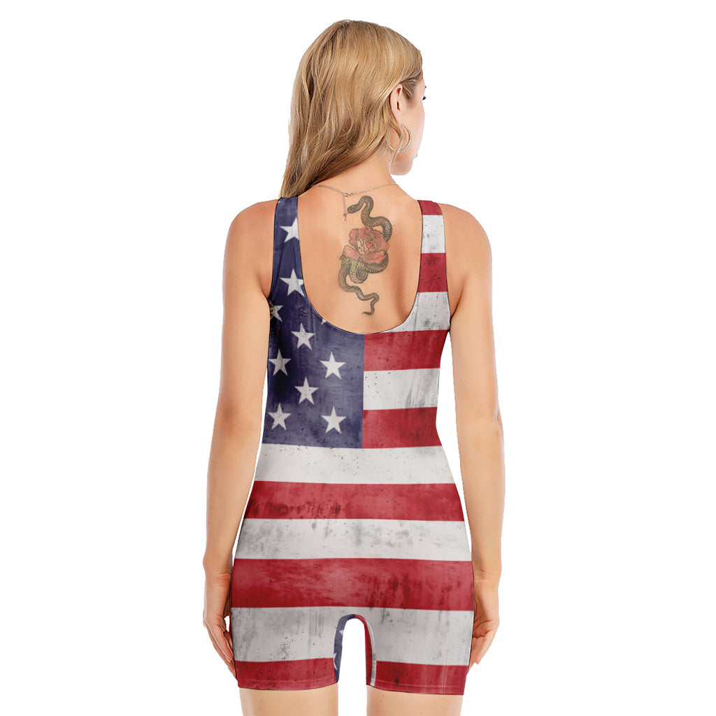 Grunge USA Flag Print Sleeveless One Piece Swimsuit