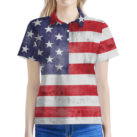 Grunge USA Flag Print Women's Polo Shirt