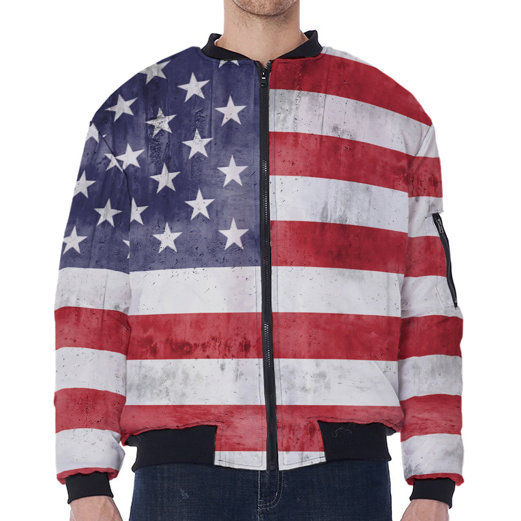 Grunge USA Flag Print Zip Sleeve Bomber Jacket