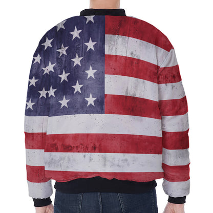 Grunge USA Flag Print Zip Sleeve Bomber Jacket