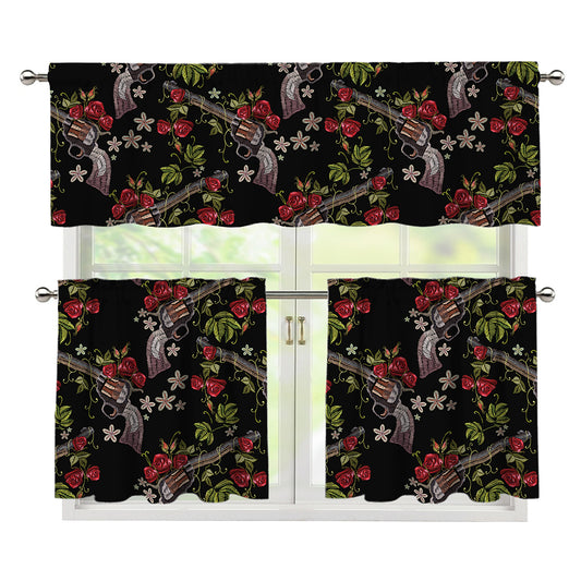 Guns And Flowers Pattern Print 3 Piece Kitchen Curtains
