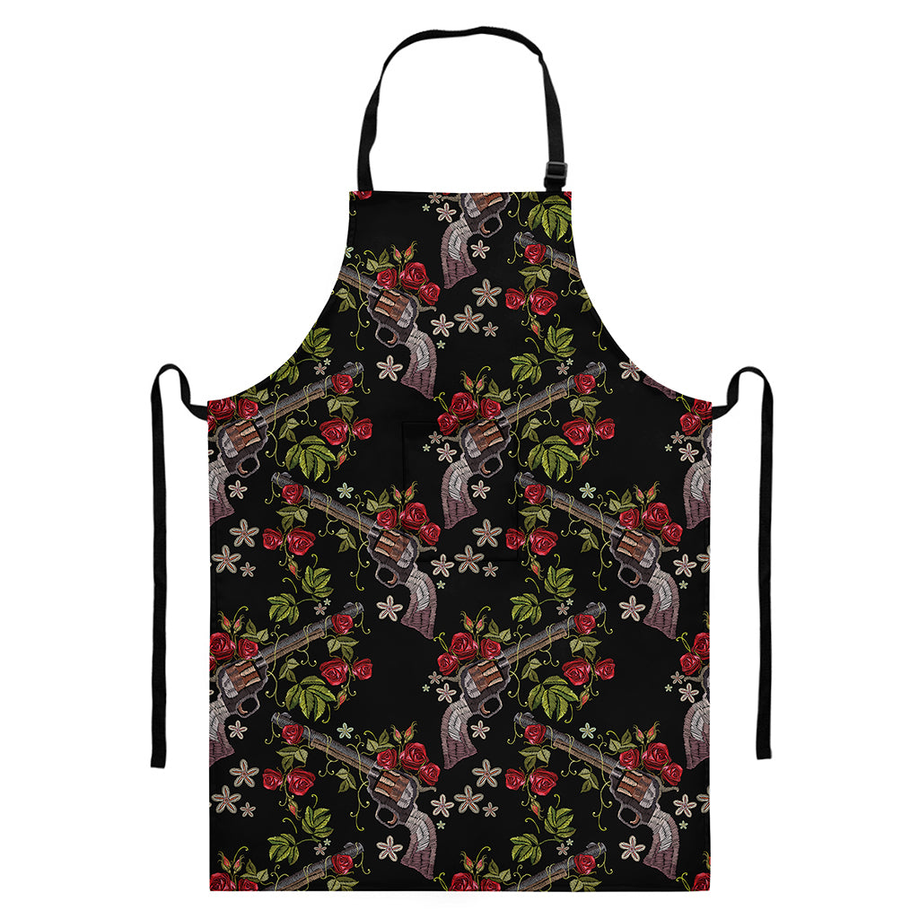 Guns And Flowers Pattern Print Bib Apron With Pocket