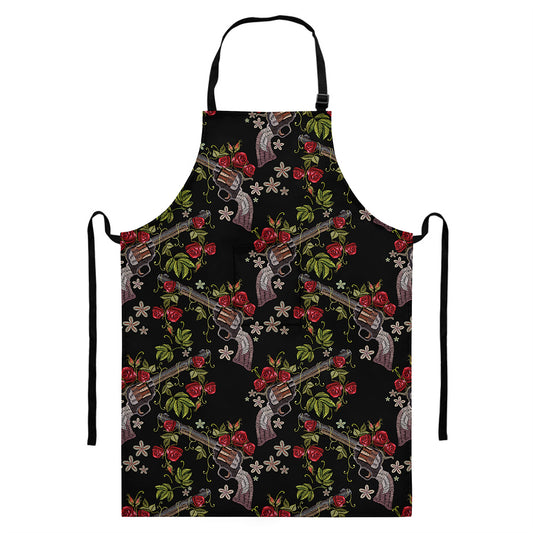Guns And Flowers Pattern Print Bib Apron With Pocket